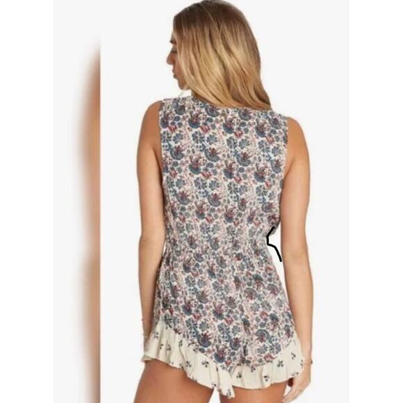 Billabong Cream Dusty Blue & Red Faux Wrap Deep-V Ruffle Hem Sleeveless Romper M - Picture 2 of 16
